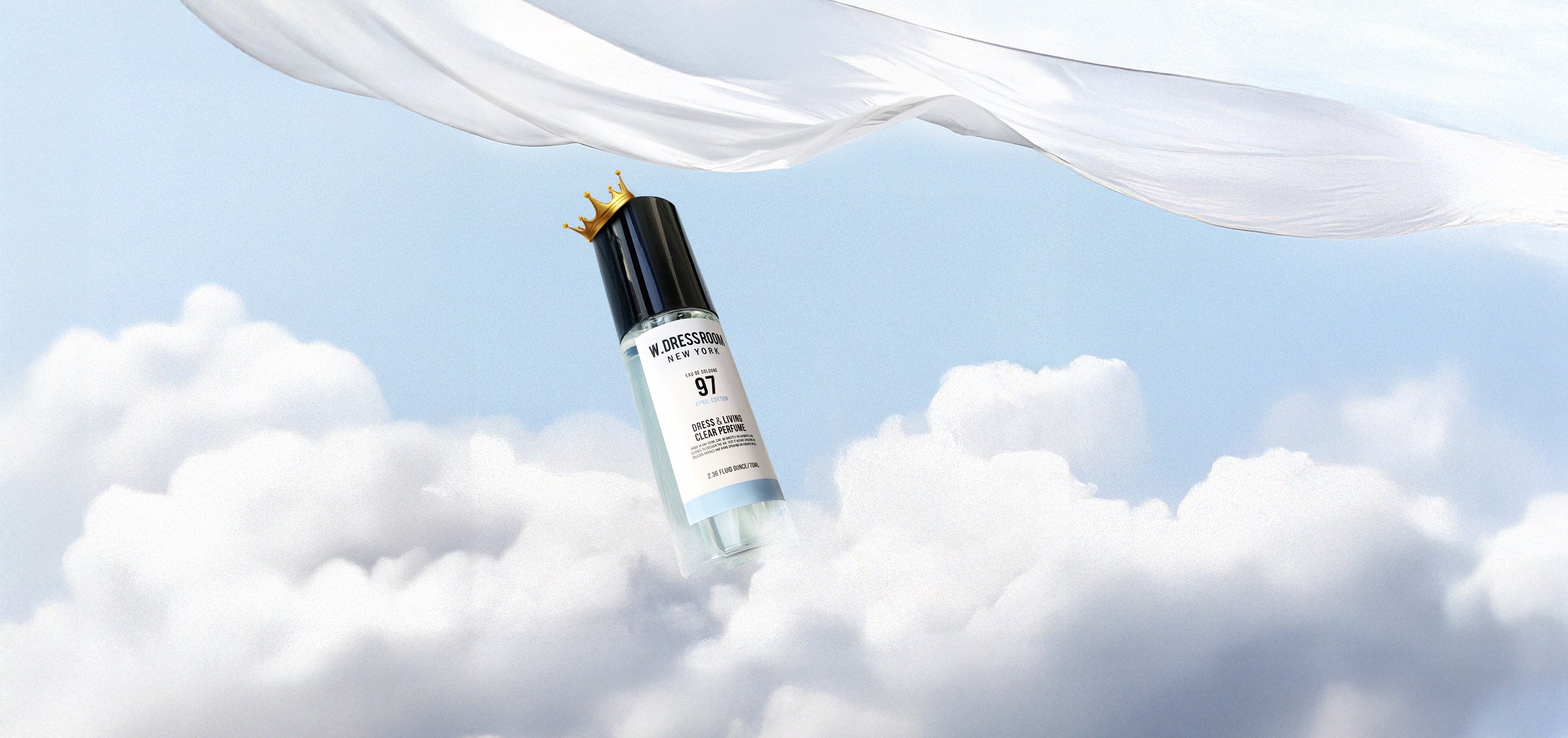 Skincare serum bottle with brand logo on a cloud background